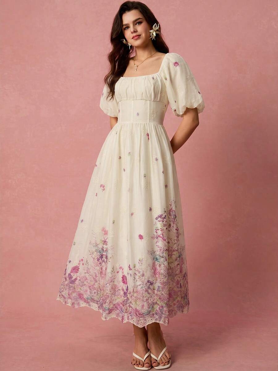 Enchnt Summer Elegant Women's Pink Floral Floral Print Square Neck Petal Sleeve Long Dress, Holiday Vacation Sweet Picnic Vacation Prom Birthday Ceremony