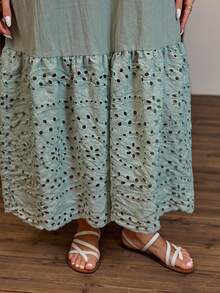 Lacomfia Casual Solid Color Patchwork Embroidered V-Neck Cold Shoulder Loose Spring/ Plus Size Mint Green Dress Wide Strap, Long - Mint Green - View 8