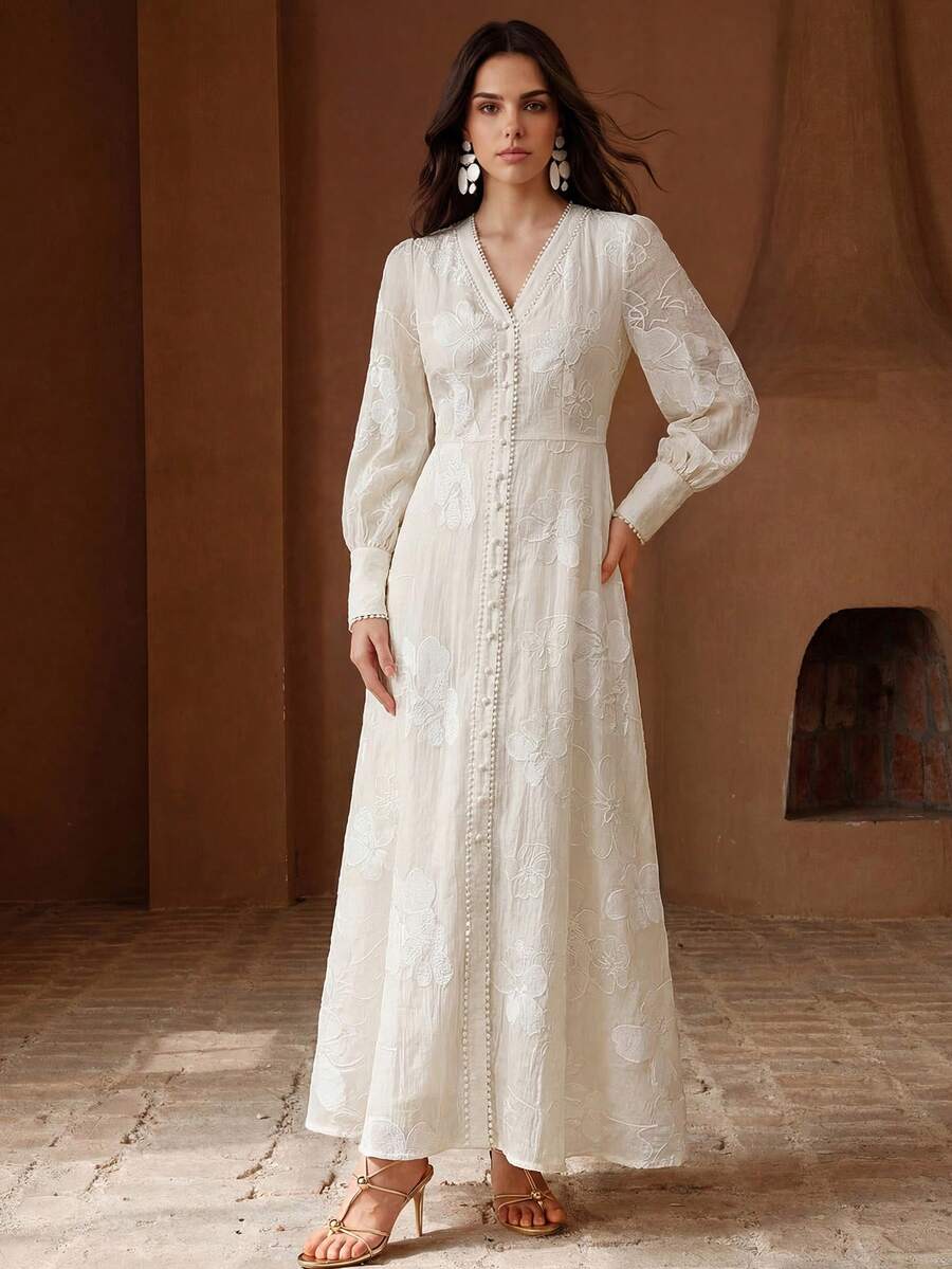 Anewsta Rochie lungă elegantă și romantică pentru femei, cu dantelă grea, brodată, cu decolteu în V, potrivită pentru serile formale, la modă, pentru ieșiri în oraș, pentru petreceri - Caisă - Vizualizare 1
