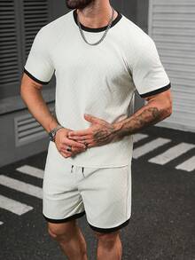 Manfinity Homme 男士休閒短袖襯衫短褲套裝，夏季風格，領口、袖口和下擺對比色拼接設計，舒適柔軟，適合居家休閒、外出及朋友聚會穿著 - 彩色 - 查看 4