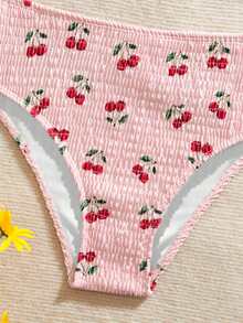 SHEIN Conjunto de bikini con estampado de cereza, tirantes de espagueti y cuello halter para vacaciones de verano en la playa para adolescentes, estampado aleatorio - Rosa - Ver 3