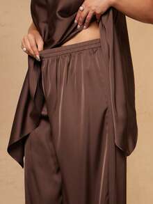 SHEIN BAE CURVE Plus Size Women's Brown  Satin 2-Piece Set,Summer  Top&Wide Leg Pants Suit,Party Wedding Guest Attire,Old Money French Style Outfits,Independence Day - Brown - View 7