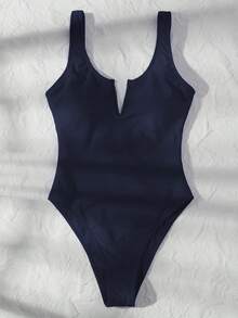 SHEIN Swim 女款素色連身泳衣，適合海灘度假、泳池派對、海灘派對 - 藏蓝色 - 查看 5