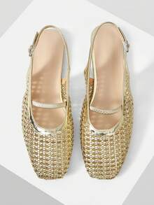 Mnmlis Exquisite gewebte Cut Out flache Damenschuhe, modisch und bequem, elegante flache Schuhe mit eckiger Zehenpartie - Gold - Übersicht 1