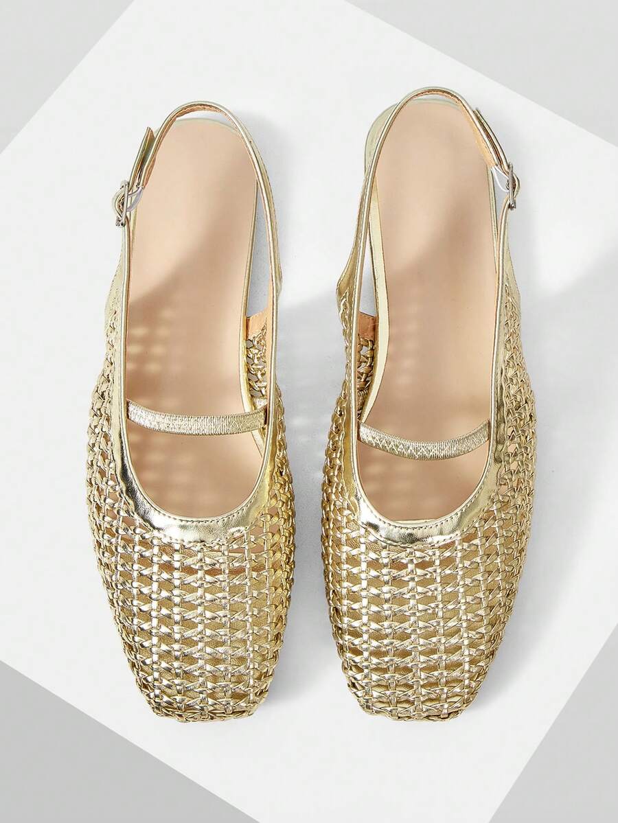 Mnmlis Exquisite gewebte Cut Out flache Damenschuhe, modisch und bequem, elegante flache Schuhe mit eckiger Zehenpartie - Gold - Übersicht 1