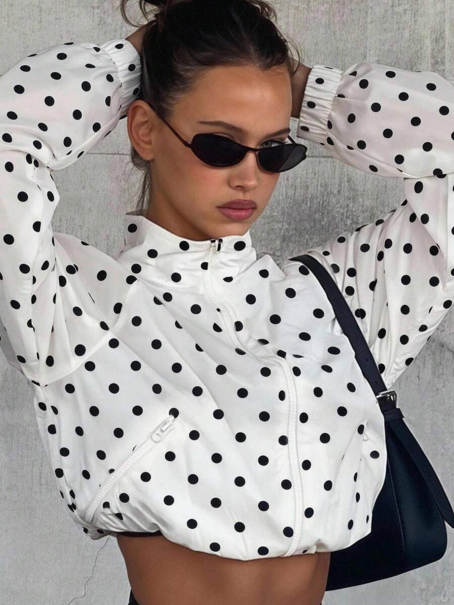 SHEIN EZwear 白色底波点梭织女式插肩袖拉链外套 - 黑與白 - 查看 1