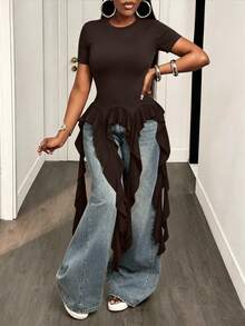 BamGleam 圓領短袖網格拼接不對稱荷葉邊緞帶下擺設計部落客風辣妹性感休閒優雅派對約會度假春夏季女款T恤 - 棕色 - 查看 4