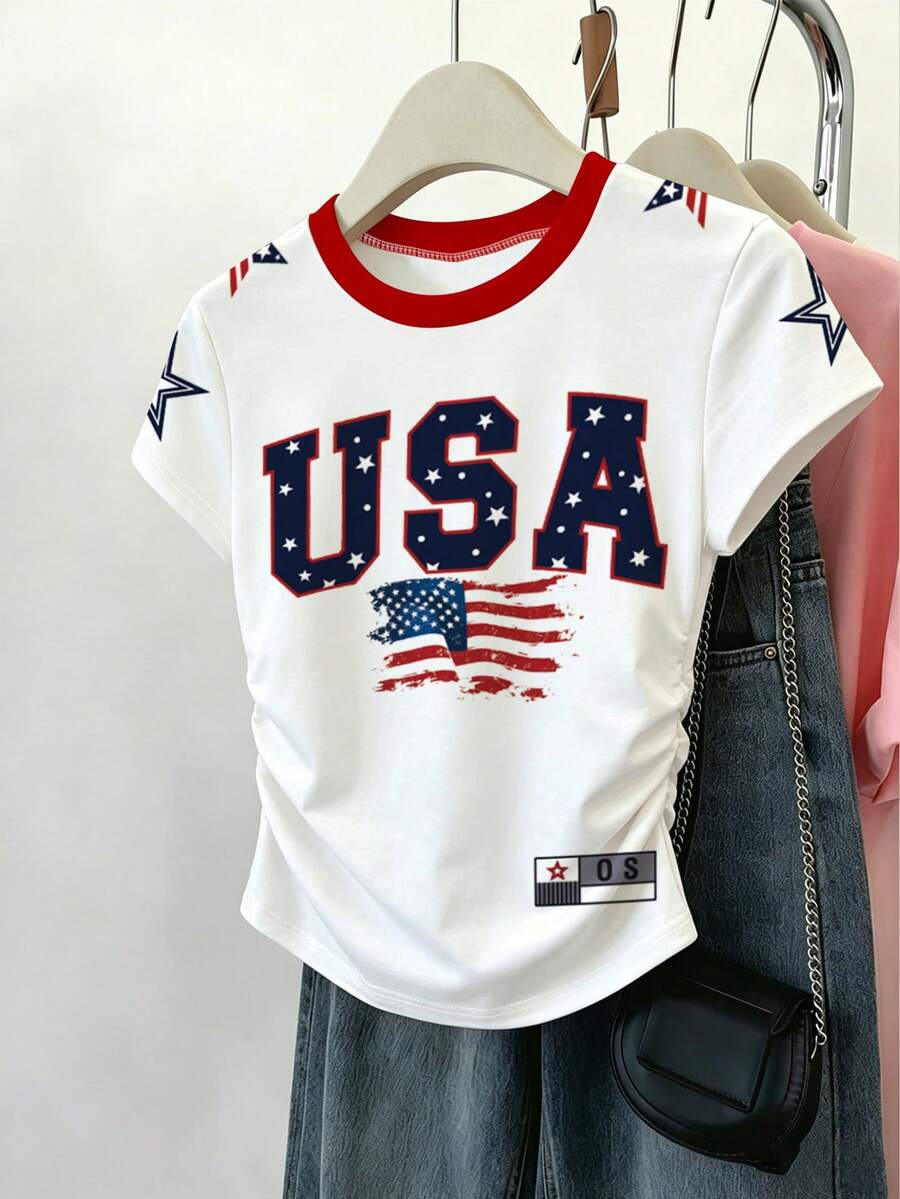 1 pieza Camiseta de manga corta de ajuste delgado con cuello de contraste y estampado de bandera de EE. UU. para niñas preadolescentes, adecuada para uso diario, campus, casual, ropa de calle de verano - Multicolor - Ver 1