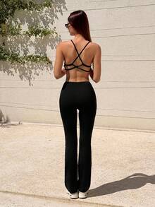 Fluxe Women's Solid Color Backless Halter Crop Top And Pants Sports Suit - Black - View 3