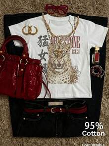 Attitoon 95%棉女款休閒復古寬鬆T恤，虎紋印花，Y2K風格，復古，適合日常通勤、約會、派對，秋冬春夏，聖誕節、新年、感恩節、派對、婚禮、海灘、畢業、時尚、優雅、休閒、外出、約會、預約、通勤 - 彩色 - 查看 4