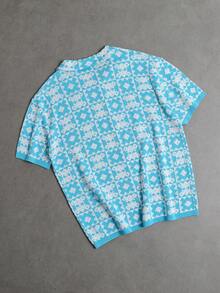 Manfinity EMRG Men's Vacation Casual Geometric Pattern Short Sleeve Knit Top - Blue - View 2