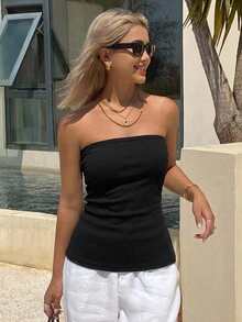 Strévra Bandeau Style Solid Color Ribbed Vacation Casual Basic Top Going Out Night Black Summer - Black - View 5