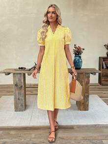 EMERY ROSE Women's Plaid Short Puff Sleeve Casual Loose Mid-Length Dress - Light Yellow - View 5