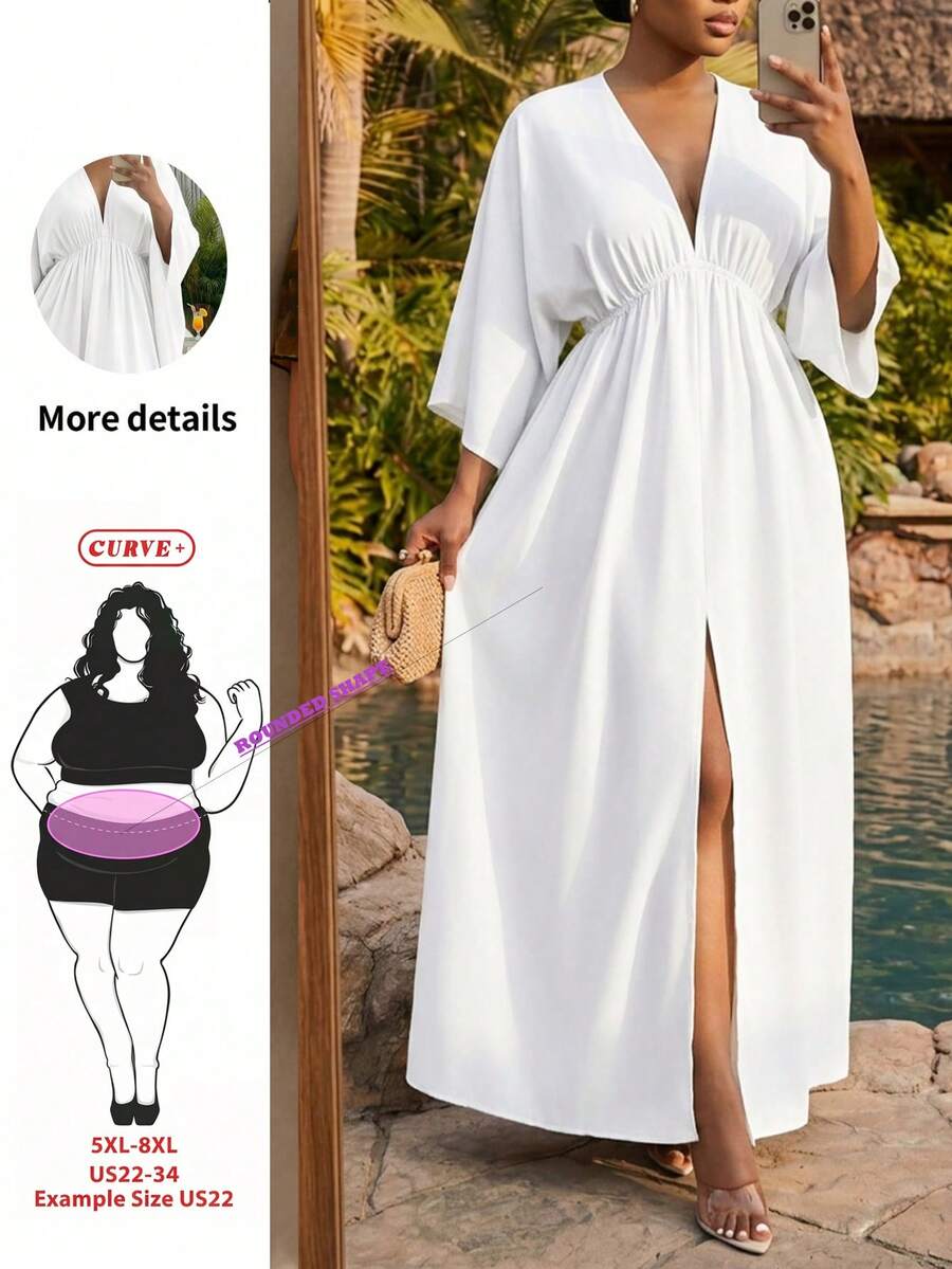 SHEIN CURVE+ Đầm size lớn màu trơn cổ V sâu xẻ đùi, đầm đi du lịch, lễ tốt nghiệp, phong cách thường ngày mùa xuân - trắng - Xem 1