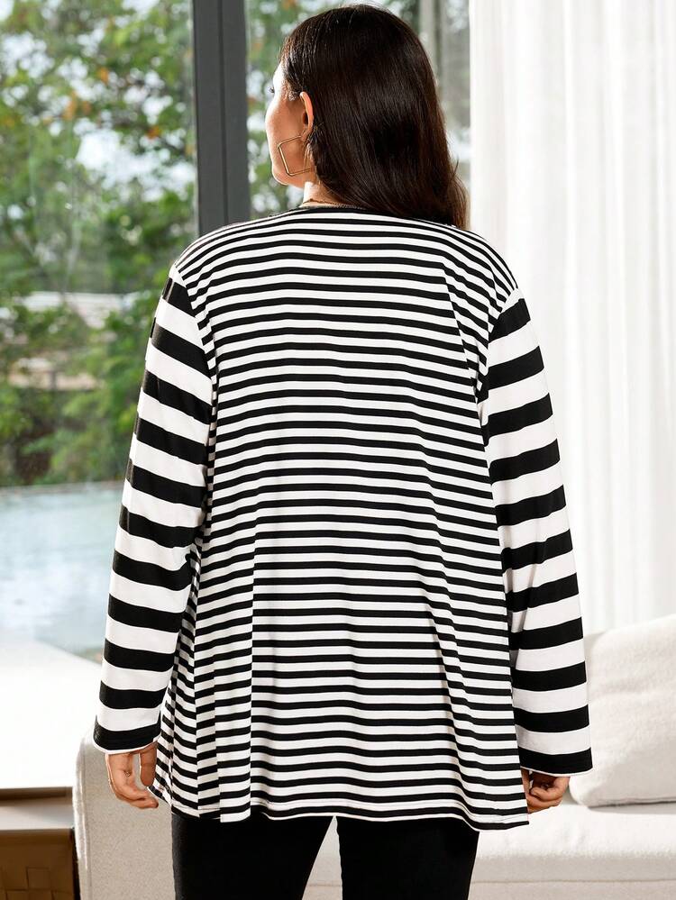 Plus Size Women's Summer Casual Black And White Striped Patchwork Lightweight Cardigan Jacket