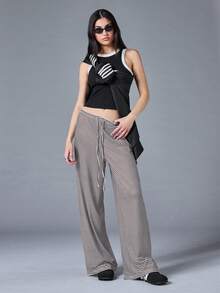 SHEIN BASICS Casual Knit Striped Low-Waist Loose Wide-Leg Floor-Length Women's Long Pants Loungewear Black And White Striped Autumn - Brown - View 5