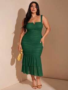 SHEIN BAE Plus Size Women's Spring/Summer V-Neck Ruched Ruffle Mid-Length Fitted Dress, Vacation Party Cocktail Dress Sage Green - Dark Green - View 4