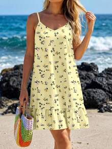SHEIN LUNE Vestido camisola mini con estampado floral pequeño y volantes en el bajo para mujer - Multicolor - Ver 4