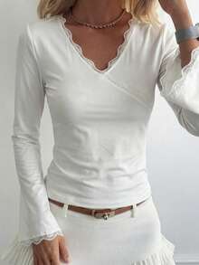 DAZY Women's White Cotton Fitted Short Sleeve Crew Neck Lace Patchwork T-Shirt For Commuting, Summer And Autumn Everyday Elegant - White - View 5