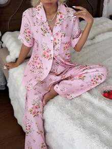 CottageSlumber Floral Print Lapel Short Sleeve Long Pants Pajama Set - Baby Pink - View 6