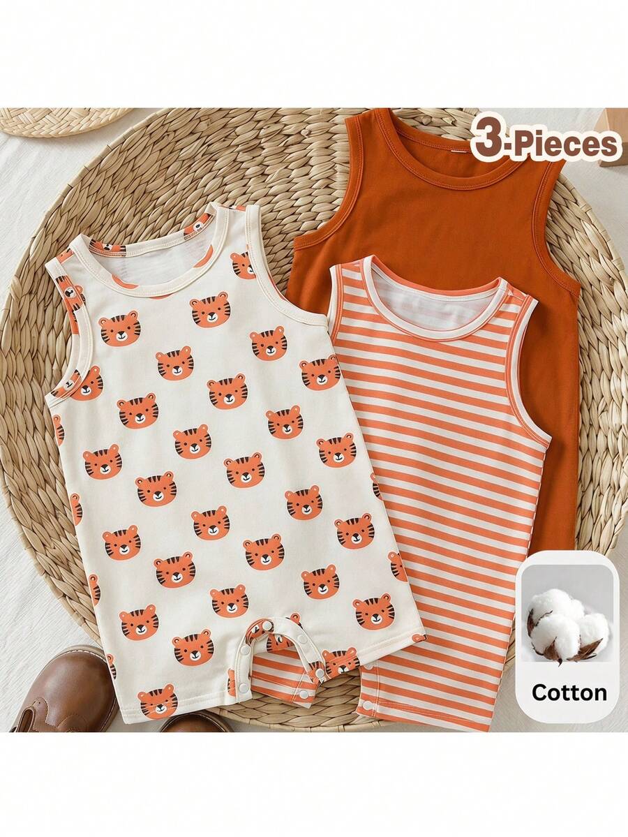 Loomiva Newborn Baby Boy Baby Boy Summer Cute Knit Cartoon Pattern Striped Sleeveless Romper 3pcs Set - Multicolor - View 1