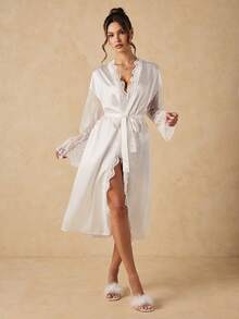 SHEIN 女款對比蕾絲長袖優雅圓弧下擺睡袍 - 白色 - 查看 3
