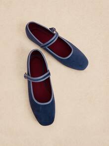 Rosivie Women's Retro Elegant Commuting Casual Contrast Trim Adjustable Buckle Flat Shoes - Navy Blue - View 1