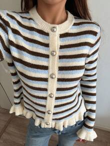 DAZY Women's Striped Long Sleeve Single-Breasted Casual Knit Cardigan Cute Tops - Blue - View 4