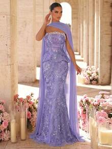 Glamrae 優雅浪漫女王風正式 3D 花卉珠飾亮片蕾絲抹胸魚尾禮服，適合婚禮、畢業典禮、晚宴賓客、舞會，藍色秋季款 - 紫色 - 查看 7