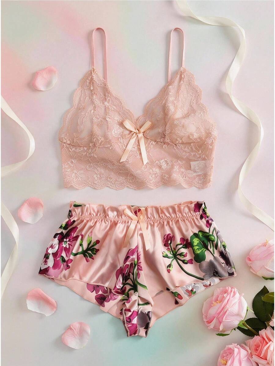 Elorette Floral Lace Bralet With Floral Shorts - Coral Pink - View 1