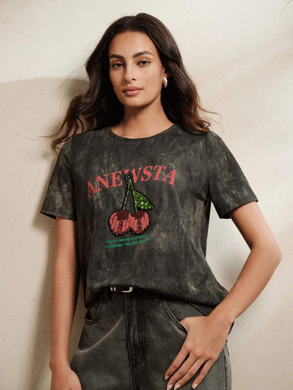 Summer Top Vintage Distressed Cherry Sequin Letter Print Loose Casual Dark Gray Women's T-Shirt, Suitable For Daily Wear, Commuting And Outings