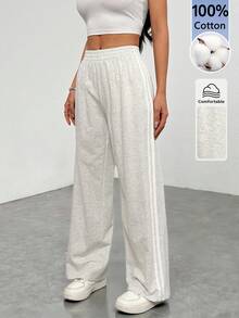 SHEIN PETITE 黑色侧条纹休闲裤，简约时尚，日常休闲，适合毕业典礼、返校季等场合，也适合教师穿着。 - 灰色 - 查看 5
