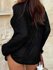 DAZY Women's Solid Color Asymmetrical Shoulder Long Sleeve Cover-Up Top For Vacation - Black - View 3