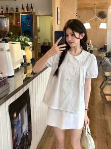 DAZY 女款彼得潘領格紋休閒韓系學院風襯衫 - 米色 - 查看 6