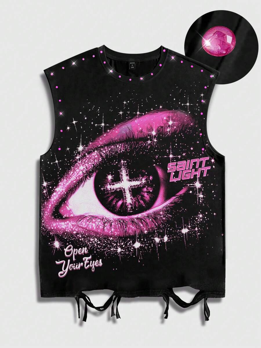 ROMWE MEN Street Life Punk Style Street Graphic Print Sleeveless Crew Neck Top With Rhinestone Decor, Men Summer Wear - Black - View 1