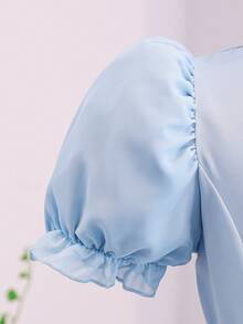 Girls' Blue Puff Sleeve Chiffon Dress, Lightweight And Soft, Suitable For Vacation, Graduation Ceremony, Back To School, Wedding Season, Various Ball Events, Formal Occasions - Blue - View 3