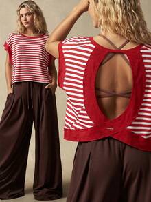 VARSITIE Women's Summer Casual Athleisure Red And White Stripe Back Cut-Out Batwing Sleeve Sports T-Shirt Gym - Multicolor - View 2