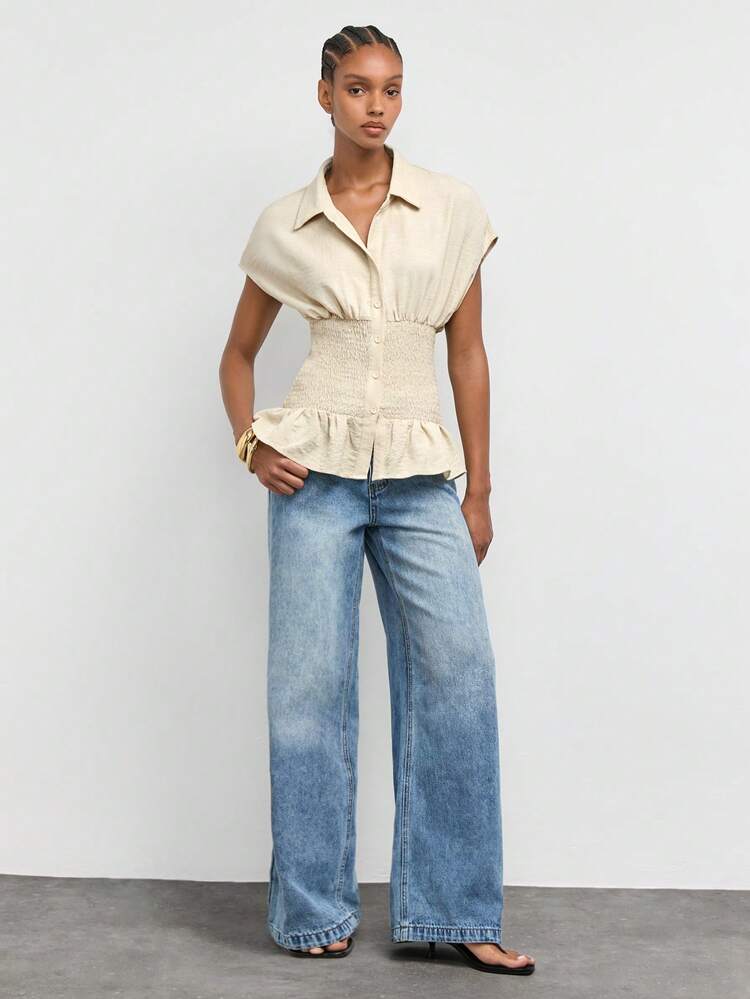 SHEIN Maija Women's Solid Color Pleated Casual Versatile Everyday Outing Shirt,Going Out Outfits,Summer Holiday Outfits