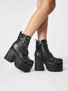 ROMWE Grunge Punk 女士高跟凉鞋~ 2026 新款时尚秋冬朋克风黑色 PU 圆头亚文化朋克厚底前系带搭扣骑士靴 Y2K 哥特风 JK 蜘蛛网街头踝靴骑马靴 Y2K - 黑色 - 查看 8