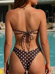 Swim Mod Women's Pink Plaid Cute Girl Ruffle Tie-Up Bandeau Bikini Set - Brown - View 2
