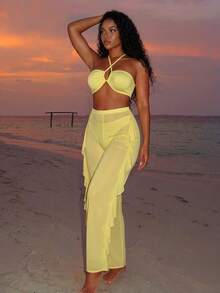 Vaytide 3pcs/Set New Yellow Halter Backless Top,Triangle Bottoms,Ruffle Trim Mesh Beach Pants, Casual Summer Holiday Vacation Bikini Swimwear Set Women - Yellow - View 1