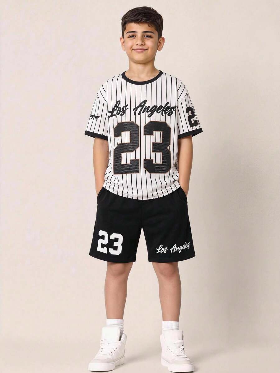 2件組兒童青少年男童休閒風圓領短袖白色條紋T恤與黑色短褲柔軟套裝,夏季上衣、夏季短褲、男童套裝,適合春季/夏季、情人節、約會、夏季穿搭、海邊週末、家庭聚會、開學、婚禮季節、運動套裝、生日派對 - 彩色 - 查看 1