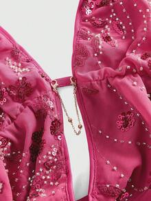 ROMWE Avant Heavy Embellished Sequin Embroidered Sexy Backless Draped Neck Ruffle Trim Women's Tank Top For Beach Vacation - Hot Pink - View 3