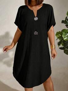 EMERY ROSE CURVE Plus Size Women's Spring/Summer Solid Color Knit Textured Fabric V-Neck Curved Hem Personalized Large Button Decor Loose Casual Home Comfortable Mid-Length Dress - Black - View 5