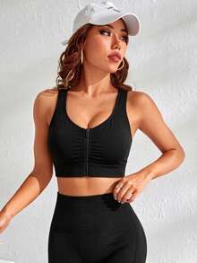 SHEIN Sports Sujetador deportivo negro con cremallera delantera y espalda de corredor para mujer - Negro - Ver 5