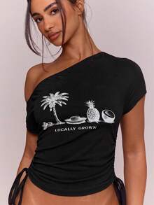 MUSERA Onee 單肩抓皺 T-shirt 收腰設計 春夏度假假日風 伊比薩波希米亞熱帶街頭風 優雅休閒 嘉年華節慶 黑色 - 黑色 - 查看 2