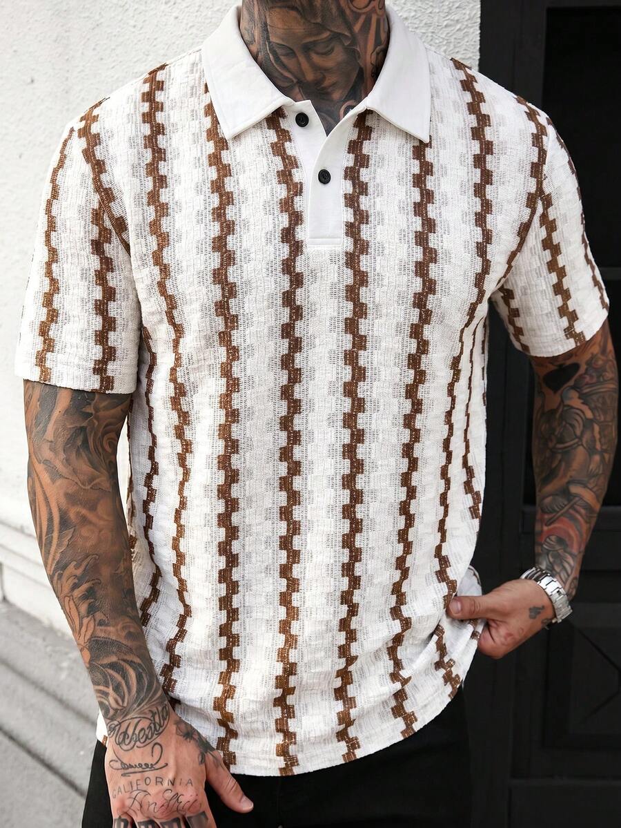 Manfinity CasualCool 男士拼色 Polo 衫,復古幾何提花休閒上衣,儀式場合適用 - 棕色 - 查看 1