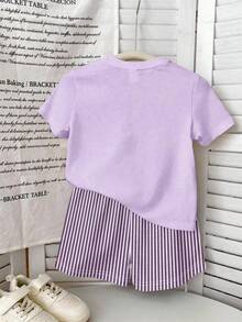 2pcs Baby Girl Casual Cream Purple Beach Tropical Palm Tree Print Round Neck Short Sleeve T-Shirt And Striped Shorts Set,Summer Vacation Holiday Wear - Multicolor - View 2