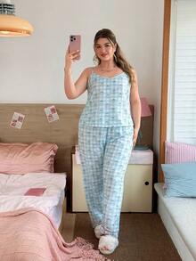 Slumberry CURVE Sweet & Cute Ins Cherry & Plaid Print V-Neck Cami Pajama Set For Plus Size Women - Blue and White - View 3