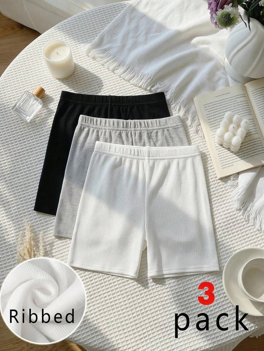 SHEIN 3 قطع شورتات أطفال محبوكة مضلعة بسيطة ومريحة رياضية كاجوال للفتيات المراهقات، سراويل أمان - متعدد الألوان - مشاهدة 1